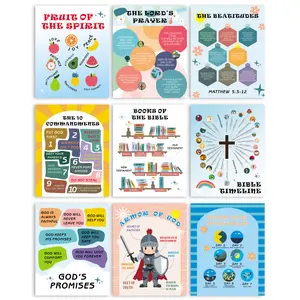 Bible Posters set of 9 Sunday School Classroom Decoration Sticker Learning Tool christmas  gift  for  baby christian gift bible  posters  for  kids Affordable Pencil Love Christianity