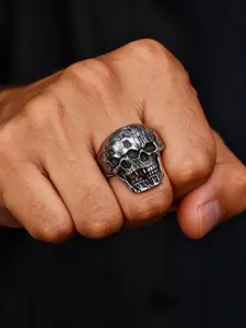 1pc Stainless Steel Cast Retro Double Skull Ring, Men's Halloween Punk Style Accessory