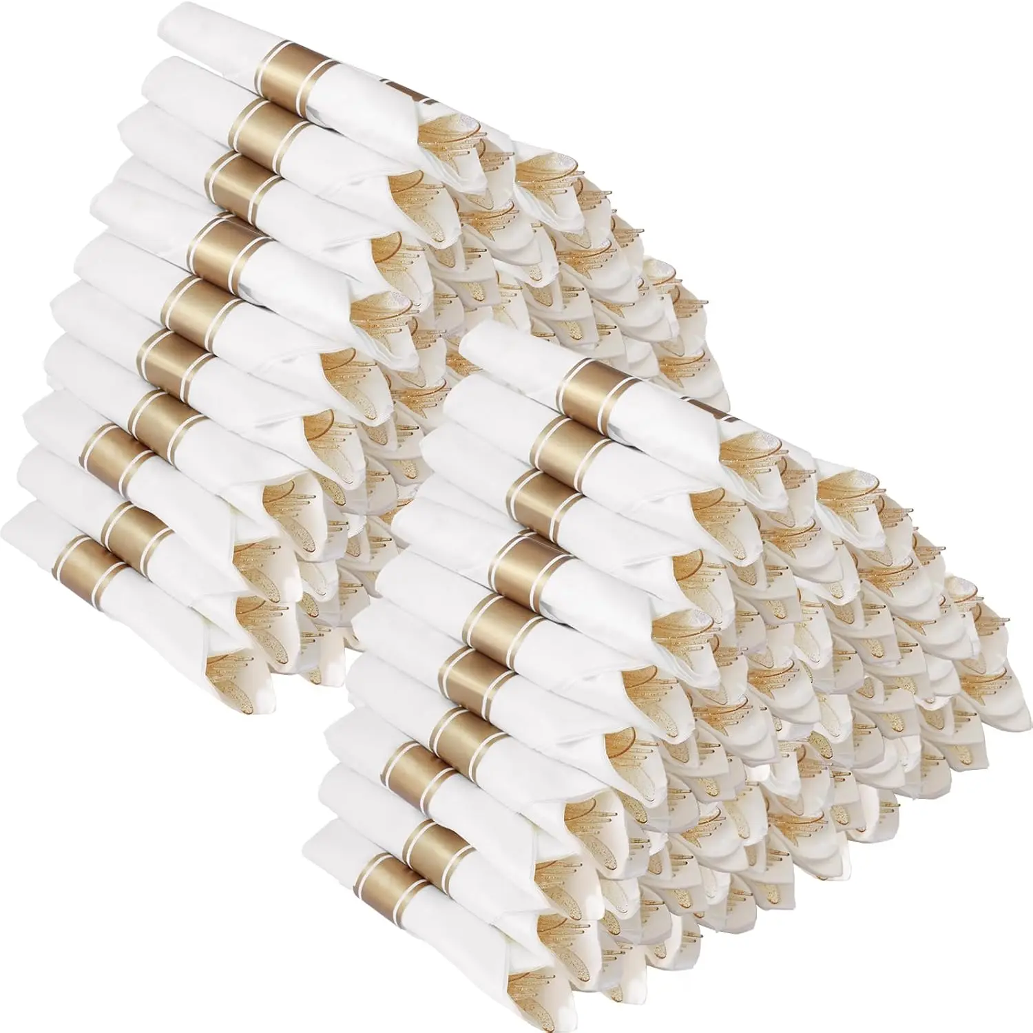 Goodluck 100 Pack Pre Rolled Gold Glitter Plastic Silverware with Napkins | Wrapped Cutlery Set with 100 Forks, 100 Knives, 100 Spoons & 100 Napkins for Party & Wedding