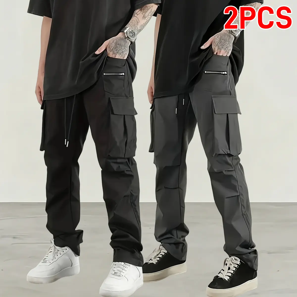 2-Pack Men’s Tactical Cargo Pants – Multi-Pocket Practical Design, Breathable Quick-Dry Fabric, Straight-Leg Work Pants, Suitable for Hiking/Construction Sites/Casual Everyday Use; Men’s Cargo Long Pants