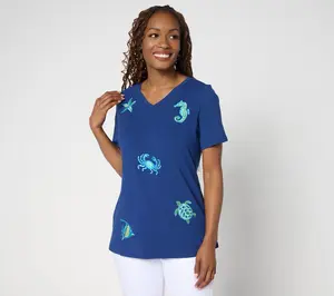 Quacker Factory Vitamin Sea Embroidered Short Sleeve Top
