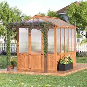 8x13FT Greenhouse Kit with Pergola, Wooden Greenhouse with Cedar Frame, Outdoor Wood Greenhouses with Roof Vent, Wood and Polycarbonate Walk-in Greenhouses Growing Kit Flower