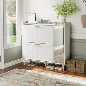 Slim Wooden Shoe Storage Cabinet with Mirror, 2 Flip Drawers and Adjustable Side Shelves, Freestanding Entryway Shoe Organizer for Hallway Bedroom Living Room, Hidden Shoe Rack Cabinet Holds up to 12 Pairs, White