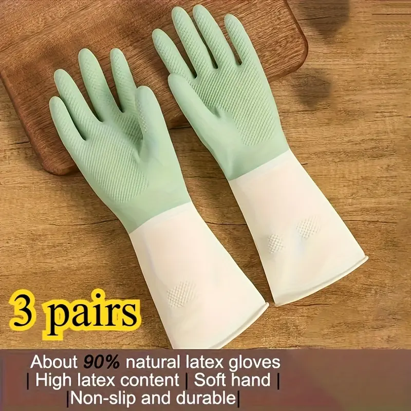 3 Pairs Thick Waterproof Latex Kitchen Gloves, Durable Cleaning Gloves, Rubber Dishwashing Gloves, Household Cleaning, & Mint, Non-Slip Grip for Dishwashing, Cleaning, Home Use, Ideal Holiday Gift