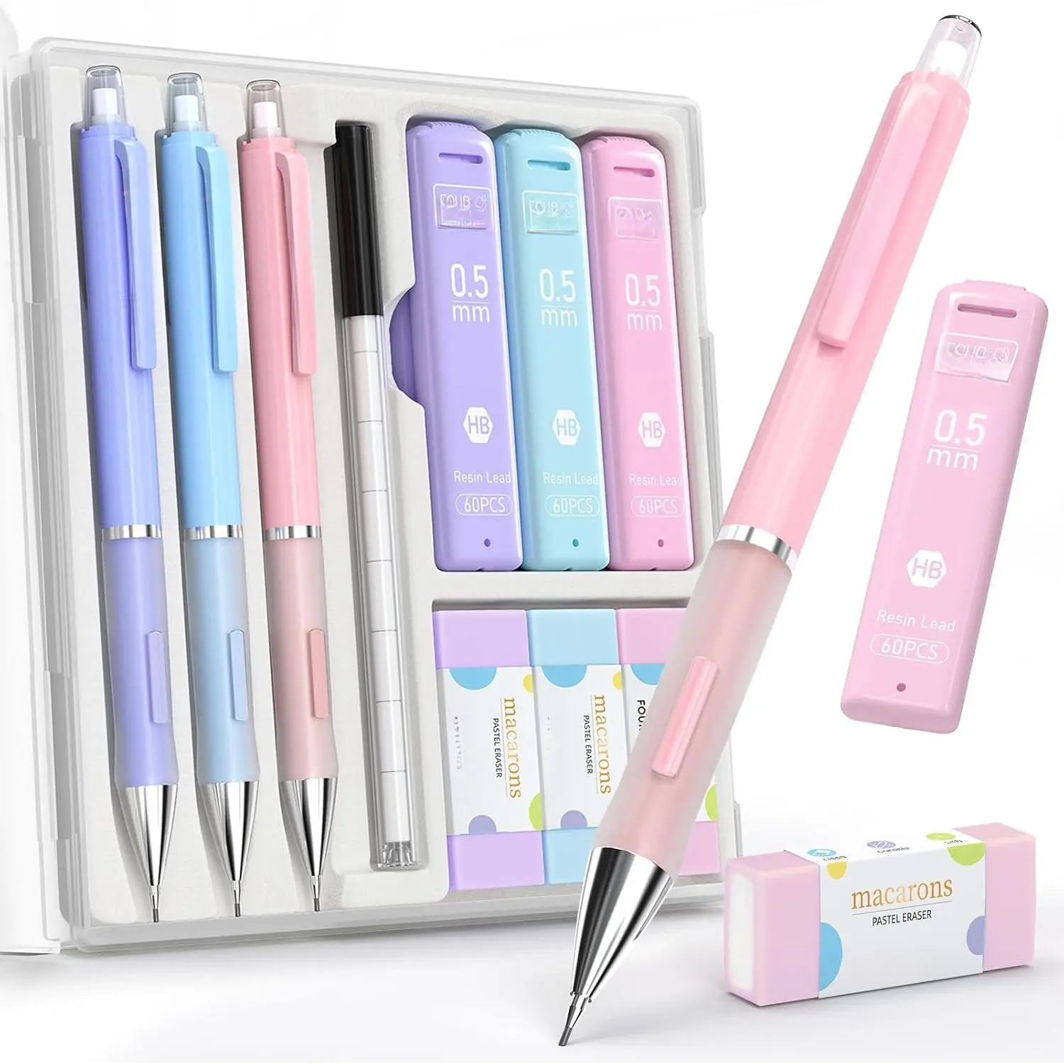 Cute Mechanical Pencils Set (3-Count, 0.5mm) with 360-Count Lead Refills, Pastel Erasers & Case - Preppy Kawaii School Supplies, Aesthetic School Supplies for College Students’ Precision Note-Taking, Classroom Assignments, Back To School Haul, Packaged In