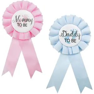 Pieces Tinplate Badge Pin for Daddy and Mommy To Be, Celebration Gender Reveal Party Favor, New Dad Mom Gifts Rosette Buttons with Ribbon, Baby Shower Decorations (Pink + Blue)