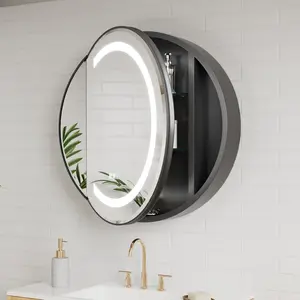 Hola 28" Round Recessed Medicine Cabinet LED – Black Frame, Anti-Fog, Dimmable Lighting, Surface Mount