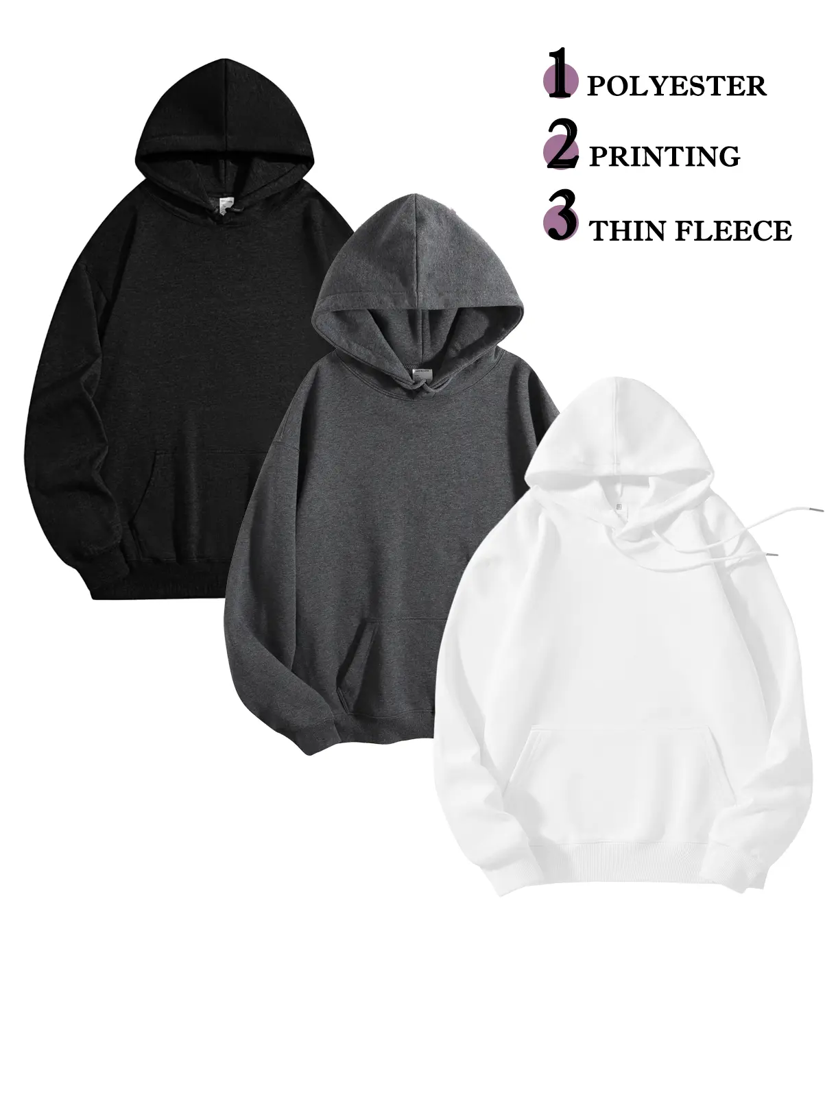 3 Pack Classic Solid Color Hooded Pullover, Thin Fleece Blank Sweatshirt For Custom Print, Versatile Oversized Hoodie For Casual Street & Home Wear