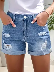 Women's Blue Denim Shorts, Street Style, High Waist, Elastic, Comfortable, Super Short, Slim-Fitting, Fashionable, Casual Wear, Womenswear