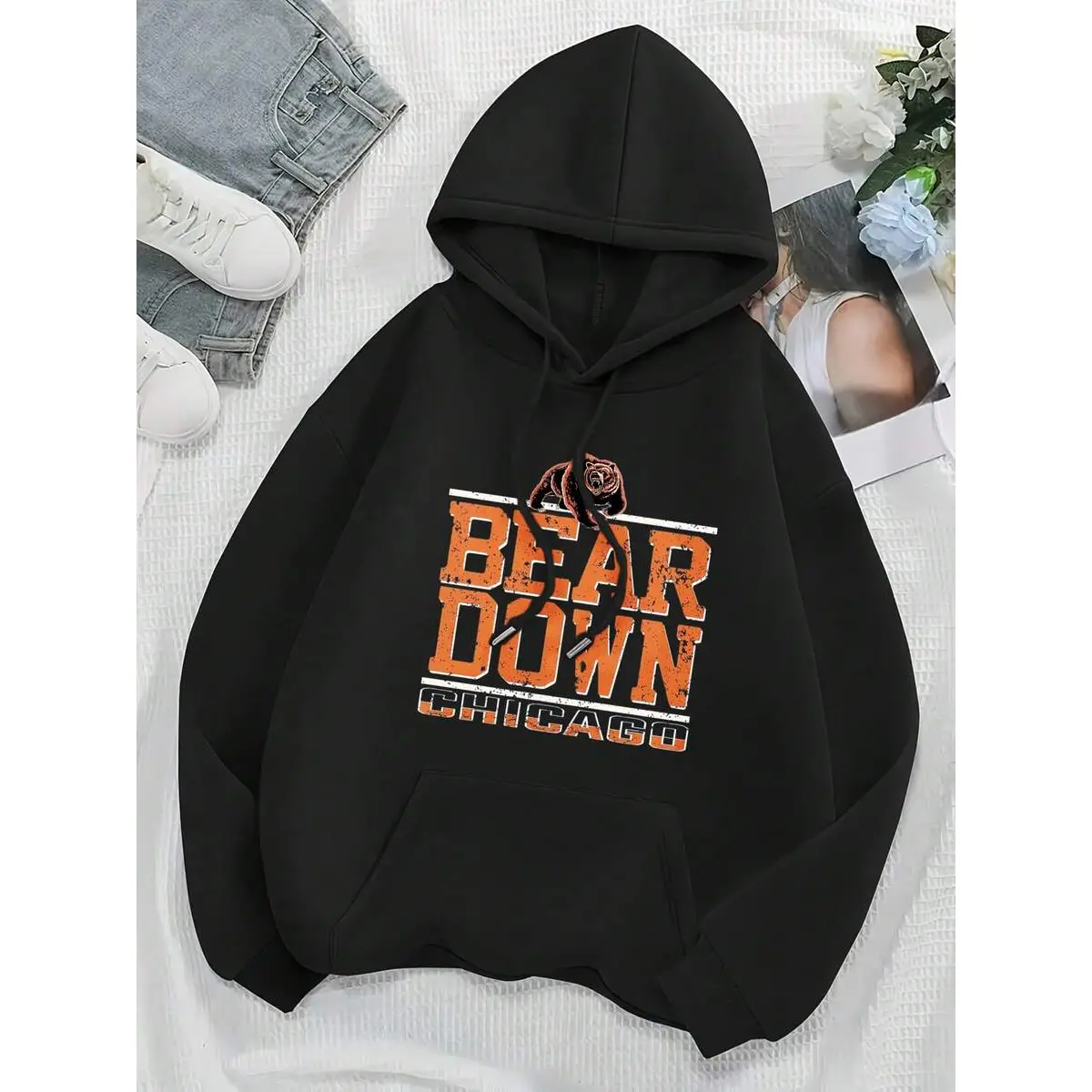 Men's Classic Long-Sleeve Hoodie Sweatshirt - Bear Down Chicago Letter Print, Unisex, 1 Pocket Pullover, 2026 Fall Winter Tops, Menswear, Drawstring Design, Casual Gift