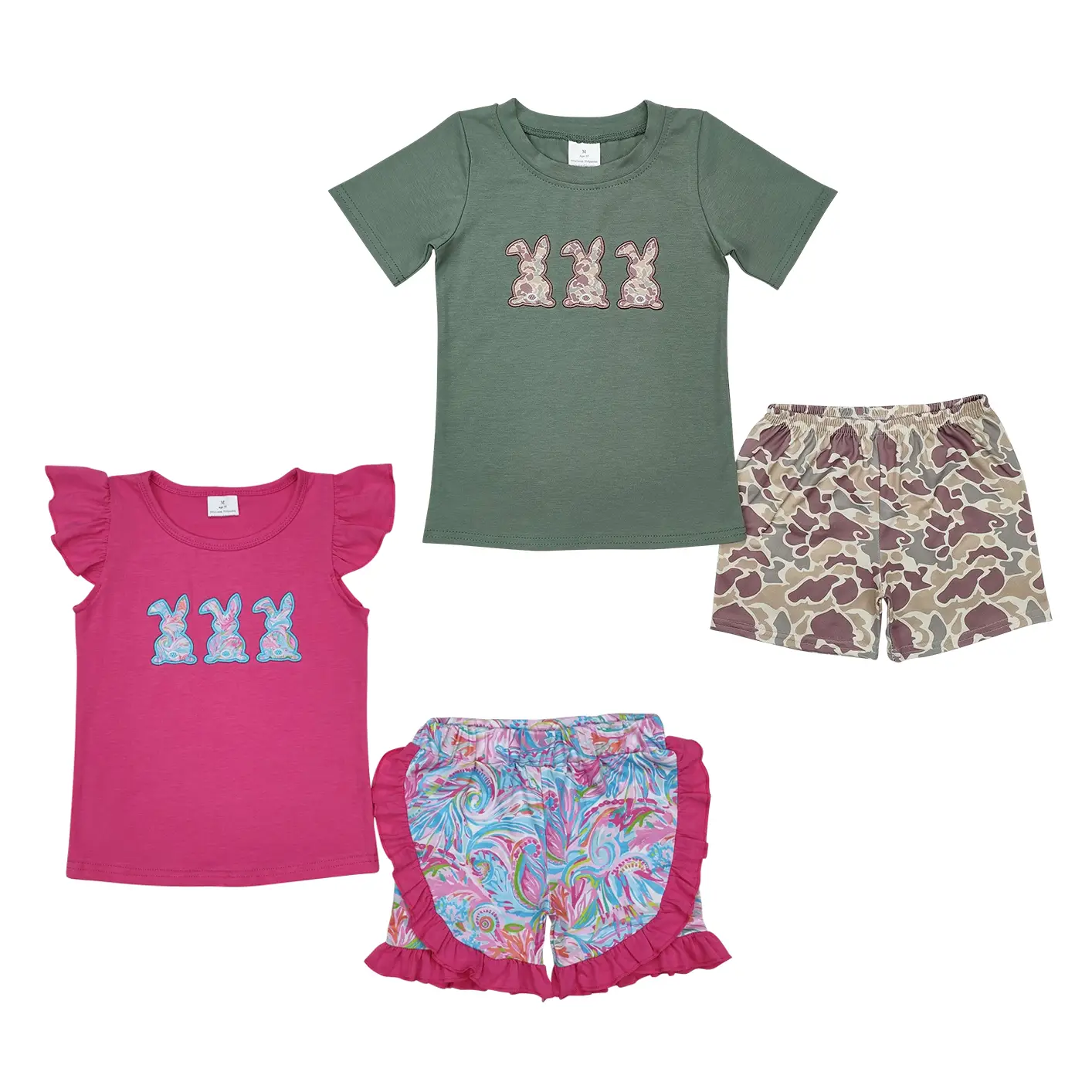 Trendy & Festive Looks Summer Embroidered Rabbit Green and Pink Short Sleeve Kids Outfits,Camo Cuties