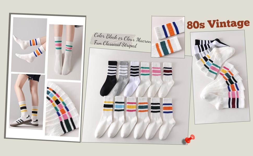 6-Pack crew socks for women/Men - Retro Sport Socks Breathable Cotton, Seamless Comfort