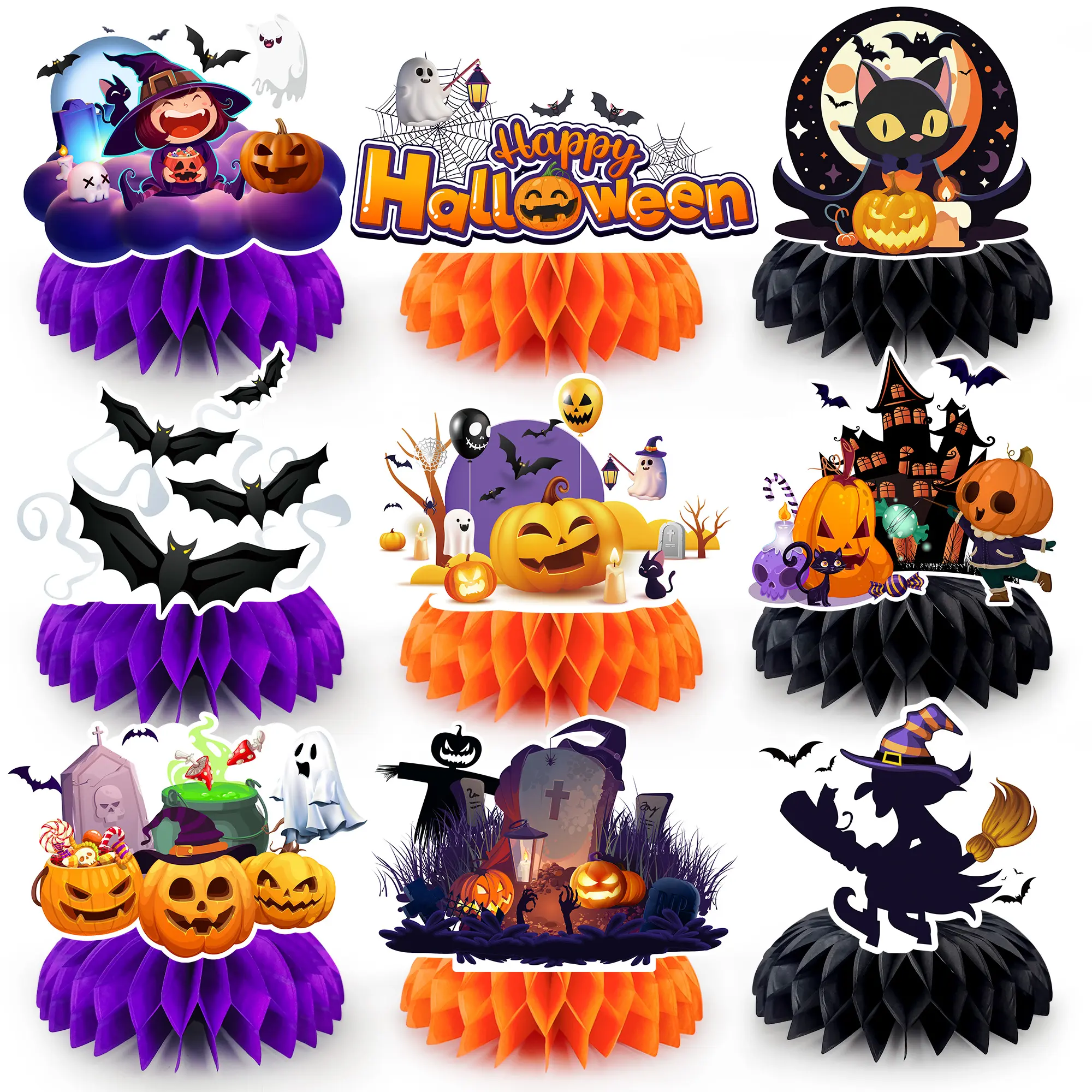 Halloween Honeycomb Centerpieces 9pcs Halloween Table Centerpiece Kit Halloween Honeycomb Table Decorations Halloween Decorations Honeycomb Centerpieces for Halloween Party Table Decorations Supplies