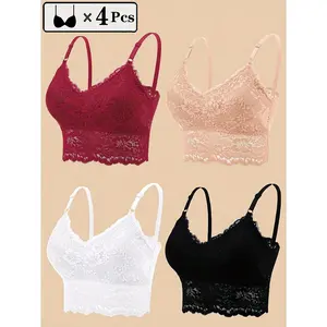 4 Pack Women Floral Lace Bralettes Wireless Comfortable Hollow Design Seamless Lingerie