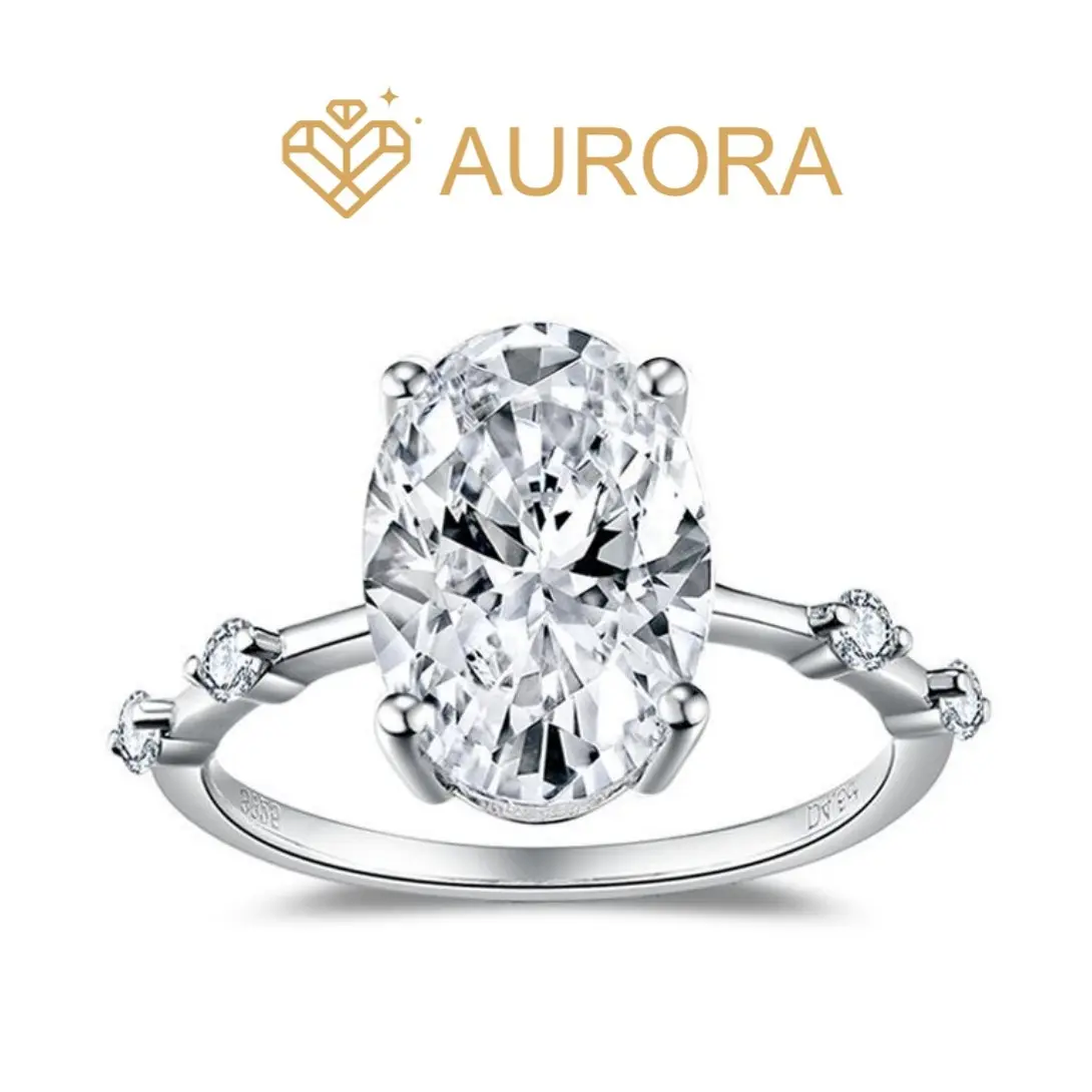 【#37 Fairytale】925 Sterling Silver Oval Shape Gemstone Ring, Featuring Full Oval Moissanite Main Stone and Side Stones