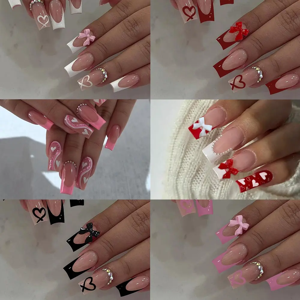 144pcs Long Rectangle French Butterfly Heart Line Diamond Press-On Nails, Perfect Fit Almond Shape False Nail Set for Party Dance Daily Use, Fake Nails