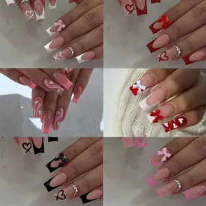 144pcs Long Rectangle French Butterfly Heart Line Diamond Press-On Nails, Perfect Fit Almond Shape False Nail Set for Party Dance Daily Use