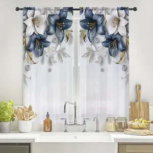 2 Piece Set Floral Digital Print Curtains, Semi-Transparent Polyester Material, Rod Pocket Design, Suitable for Bedroom Living Room Dining Kitchen