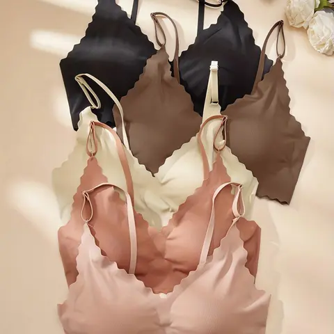 Women's Solid Scallop Trim Wireless Push Up Seamless Bra, Casual Soft Comfy Breathable Seamless Adjustable Strap Bralette Top Lingerie for Daily Wear, Ladies Underwear for All Seasons, Knitting, Aesthetic