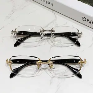 Luxury Frameless Transparent Reading Glasses with Diamond Cut Edges & Stylish Metal Temple Decorations for Reading Computer Games & High-Definition Street Style Visuals - Clear, Daily(Transparent lenses without graduation numbers)
