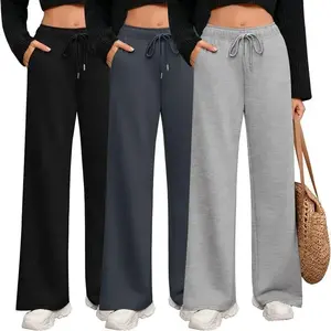 3 Pack Women Wide Leg Sweatpants Drawstring Straight Pants Elastic Waist Joggers Open Bottom Sweatpants with Pockets