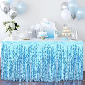 2 Pack Teal Blue Shiny Wavy Tinsel Foil Fringe Table Skirts for Mermaid Under The Sea Baby Shark Birthday Party Decorations