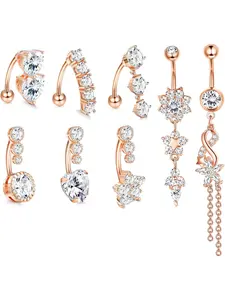 8 Pcs Rose Golden Glittering Charm Dangle Navel Rings, Belly Button Jewelry, for Women Men Copper Surgical Steel Bright CZ Barbell Piercing Pendant Reverse Bent Belly Barbell Body Jewelry Set Glittering Charm Dangle Silhouette
