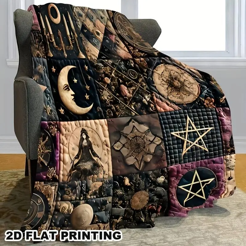 Classic Vintage Gothic Witch Quilted Flannel Blanket - Dark Fantasy 5-Pointed Star Moon Mystic Symbols, Wrinkle-Resistant, Durable, Super Soft Plush, Geometric Accent, for Beds & Sofa, Home Cozy Setup, Room Decor, Crochet Inspo, All-Seasons ,digital,print