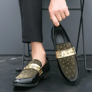 Brand Bdhjydb Men'S British Style Slip-On Loafers with Golden-Tone Studs & Rhinestones - Black Faux Cover Dress Shoes, Comfortable Round Toe Design for Business & Formal Wear, Formal Footwear, Elegant Footwear, Durable Footwear