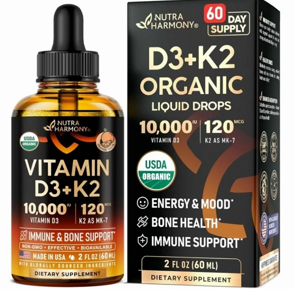 Vitamin D3 K2 USDA Organic Drops - Vitamin D3 10000 IU & K2 120mcg - 2 OZ | Immune & Mood Support, Bone & Teeth Health - Sugar-Free, Orange Flavor - Liquid Supplement for Men & Women - 60-Day Supply