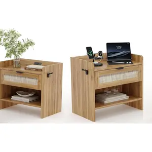 Set of 2 Nightstands with Charging Station - Modern Bedside Tables with USB & Type-C Ports, Rattan Style Drawer & Open Shelf - Walnut Color Bedroom End Tables