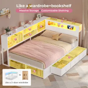 ADORNEVE Twin Corner Bed Frame with Bookcase Storage & LED Light Headboard, Charging Station, Metal Daybed with 3 Drawers & 2 Open Cubbies, for Small Bedrooms