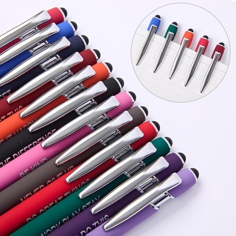 12 Pack Fine Point Smooth Writing Pens with Inspirational Tips, Black Ink, Touch Stylus Screens, Motivational Gift for Office & Desk Accessories