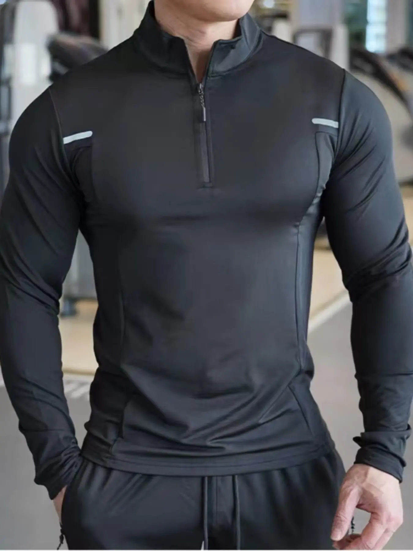 Men's Half-Zip Stand Collar Long Sleeve Sports Shirt, Reflective Strips Training Top, Moisture-Wicking Quick-Dry Gym Tee, Gym Tops, Dry Fit Shirts, Dry Fit Active, Compression Sports Top, Athletic Workout Clothing
