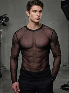 Men's Black Mesh Tee Long Sleeve | Slim Fit See-Through Party Shirt | Lightweight Breathable Transparent Top for Men