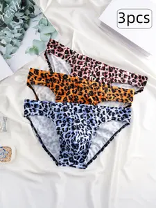 Men's Leopard Print Low Waist Triangle Underwear Soft Stretch Briefs All Seasons, Breathable Comfortable Daily Office Casual Wear, 3 Pack Fashion Trendy Lingerie