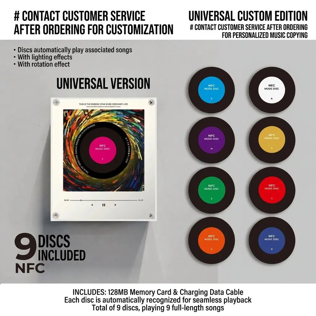Magnetic NFC Music Box Player with Light Effect, Rotating Mini Vinyl Fridge Magnet, 9 Discs, 256MB Storage, USB-C Charging, Gift for Music Lovers