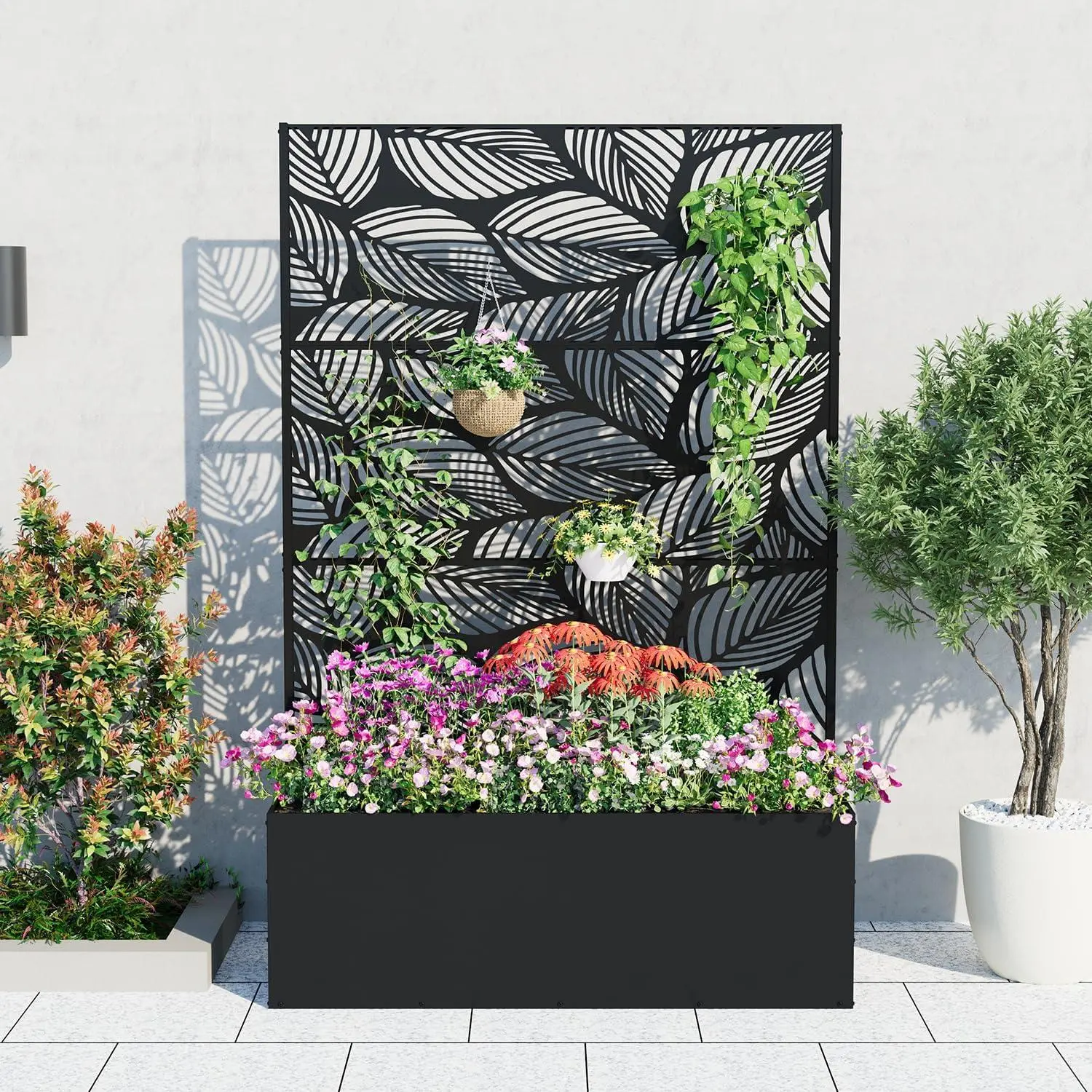 2-in-1 Powder-Coated Metal Planter Box with Trellis - 71"x47"x16" Durable Raised Garden Bed, 15.7" Deep DIY Plant Stand with Smart Built-In Drainage, Privacy Screen, Assembly Guide for Backyards, Balconies