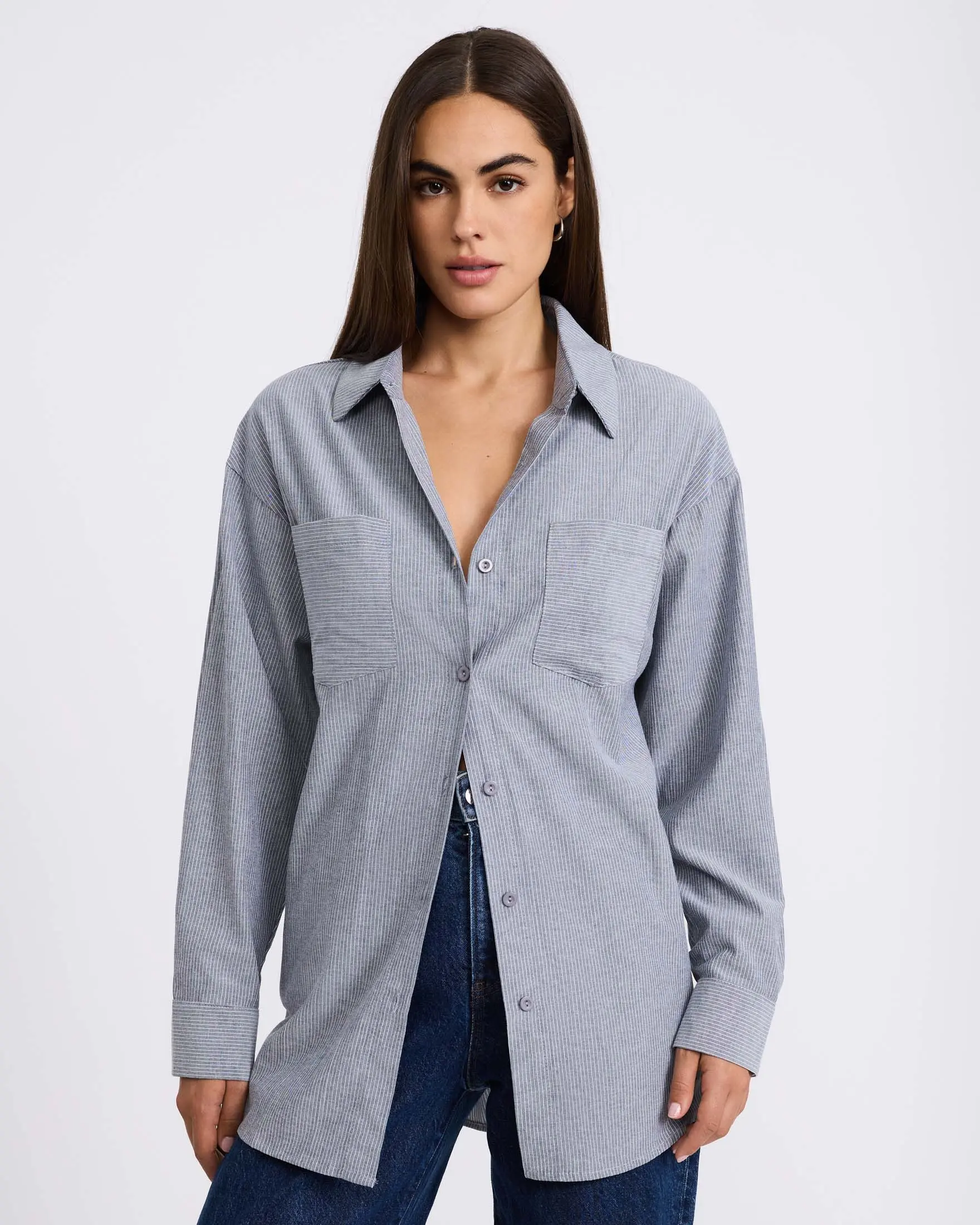 Express Pinstripe Double Pocket Oversized Shirt, Casual, Hand Wash