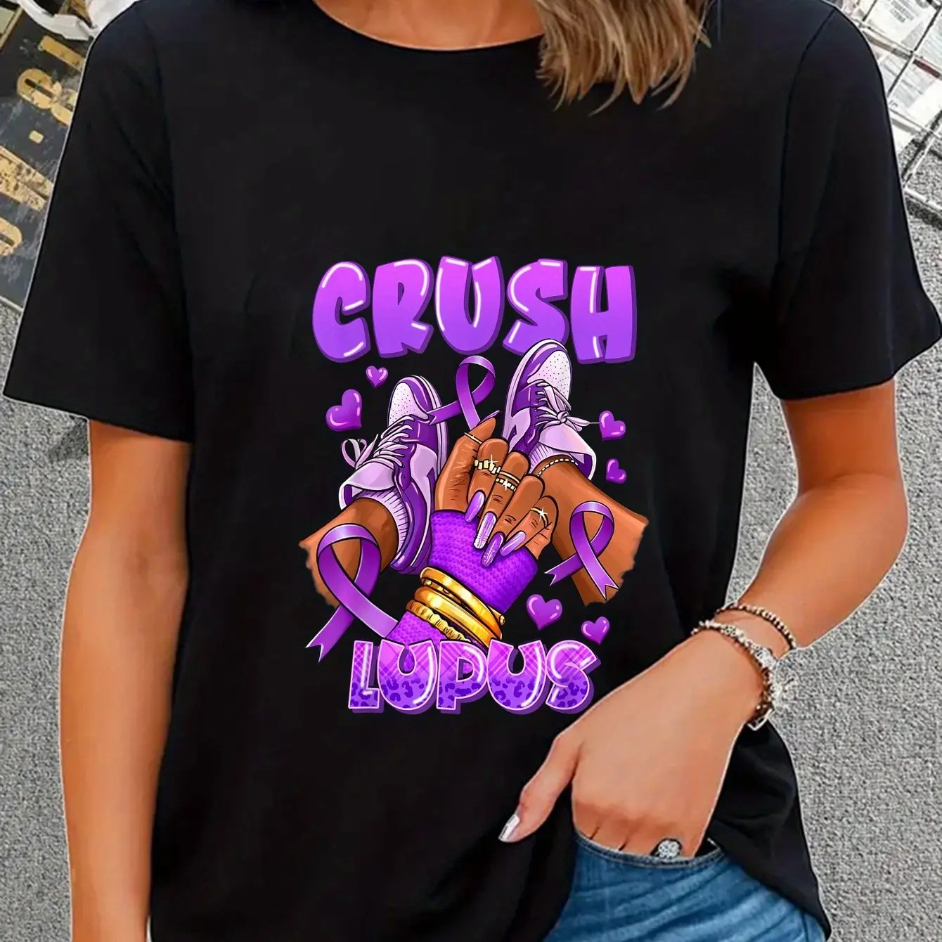 Women's 100% Cotton Short Sleeve Round Neck Casual Lupus Awareness T-Shirt - Purple Sneaker & Ribbon Design, Black Playful Graphic, Everyday Lady Attire, Special Occasion Top, Shortsleeve, Tshirt, Vintage, Graphic Print, Lupus Theme, Playful Look, Clothes