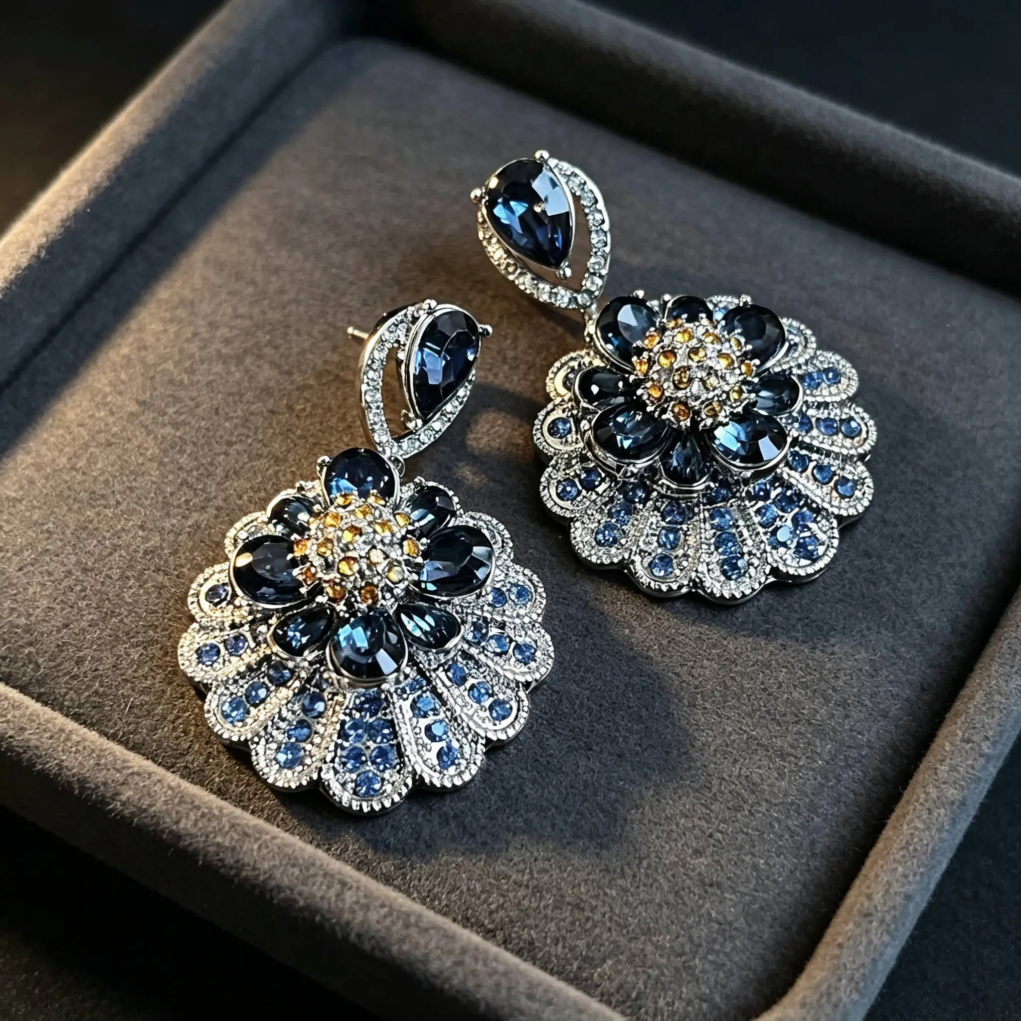 Elegant Blue Crystal Flower Earrings with Rhinestones and Silver Tone Setting for Women's Fashion Accessories