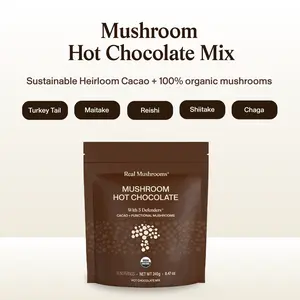 Real Mushrooms Hot Chocolate Mix | 5 Defenders Organic Mushroom Blend | Heirloom Cacao | 500mg Mushroom Extract | USDA Certified | Dairy Free Vegan Gluten Free | 240g 15 Servings