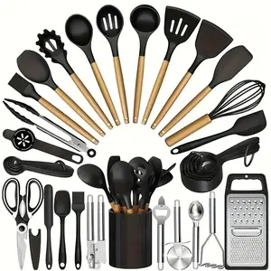 34pcs Silicone Kitchen Utensil Set with Holder, Heat-Resistant Non-Stick Cooking Tools, Black & Gold Heavy-Duty Kitchenware Including Spatula, Whisk, Tongs, Peeler, Grater, Slotted Spoon, Measuring Cups & Cutting Board, Dishwasher Safe