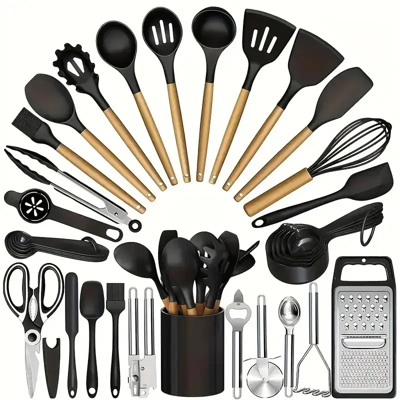 34PC Silicone Cooking Utensil Tool Set with Storage & Cutting Board, Heat-Resistant, Anti-Adhesive Non-Stick, Dishwasher-Safe Kitchen Gadget for Home Baking, Includes Black and Gold Turner & Cutting Spoons