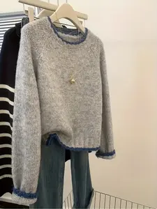 Women's Round Neck Long Sleeve T-Shirt, Casual Colorblock Top Knitwear for Spring & Fall, Soft Thick Knit, Loose Fit, Daily Wear Essential