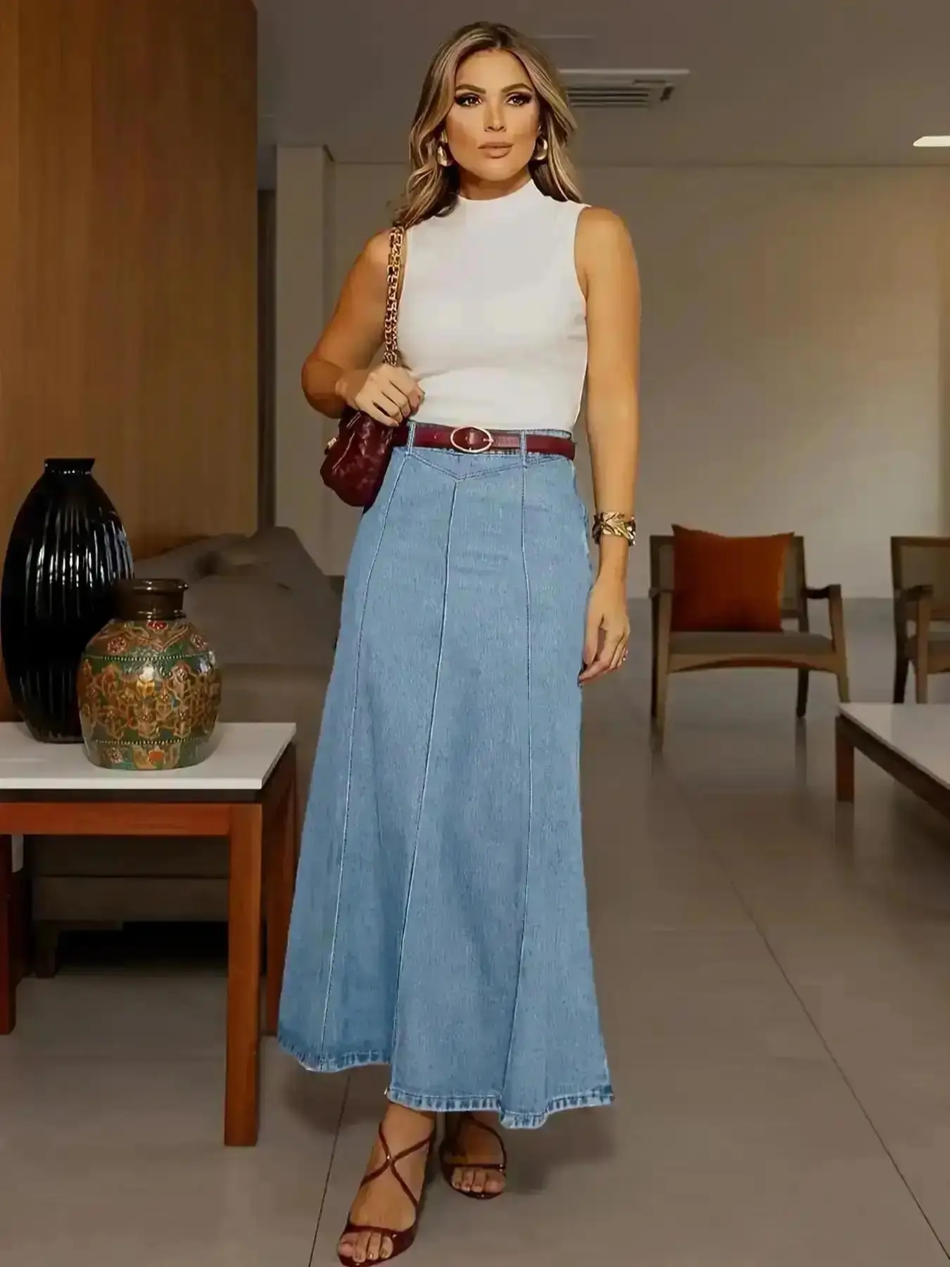 Minimalist Elastic Washed Casual Denim Midi Skirt for Women, All-Season Wearable A-Line Flared Design, Perfect Daily & Dates, Bottom, Coffee Date, Loungewear Style, Relaxed Fit, Travel Outfit, Weekend Wear, Chic
