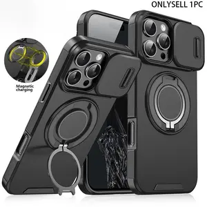 Shockproof Phone Case with Sliding Camera Cover, 360 Rotating Ring Kickstand Stand Phone Case, Phone Accessories for iPhone 17 16 15 14 13 12 Pro Max Plus Air, Casing Military Grade Anti-Drop Magnetic  Multi-function Outdoor Sports Swimming phone case