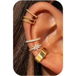 MILACOLATO 5 Pairs Ear Cuff No Piercing for Women 14K Plated Gold Ear Cuffs Earrings Gold Silver Adjustable Cartilage Helix Earring Clip on Hoop Earrings for Non Pierced Ears Earring Stack Set