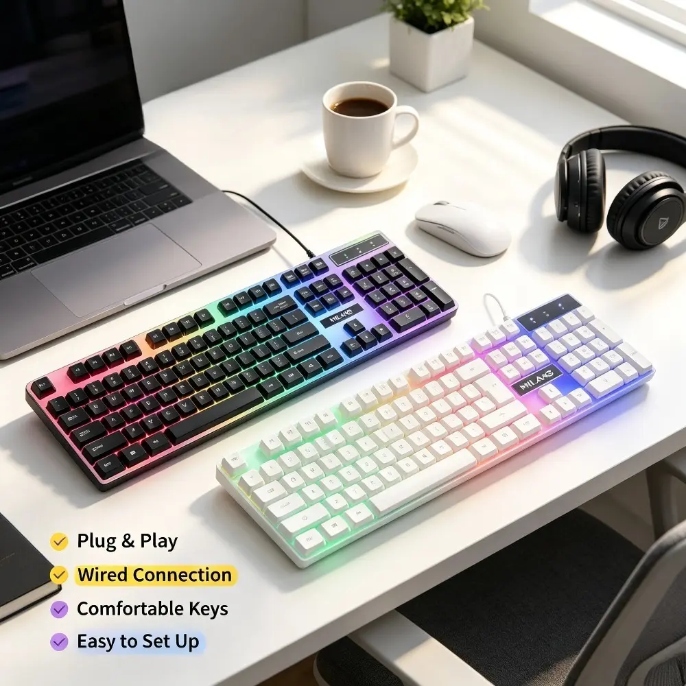 1pc Wired RGB Backlit 104-Key Full-Size Gaming Keyboard - USB Plug-and-Play, Ergonomic Comfortable Keycaps, Rainbow LED, Dual-Use for Gaming & Office, Compatible with Desktops & Laptops
