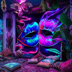 1pc Sexy Lip Leaves UV Black Light Tapestry, Large Size Peach Skin Fluorescent Tapestry with Design & Interior, Bedroom Aesthetic Hanging Tapestry for Party Festival, Bedroom Office Living Room Home Decor, Wall Decoration with Free Accessories.